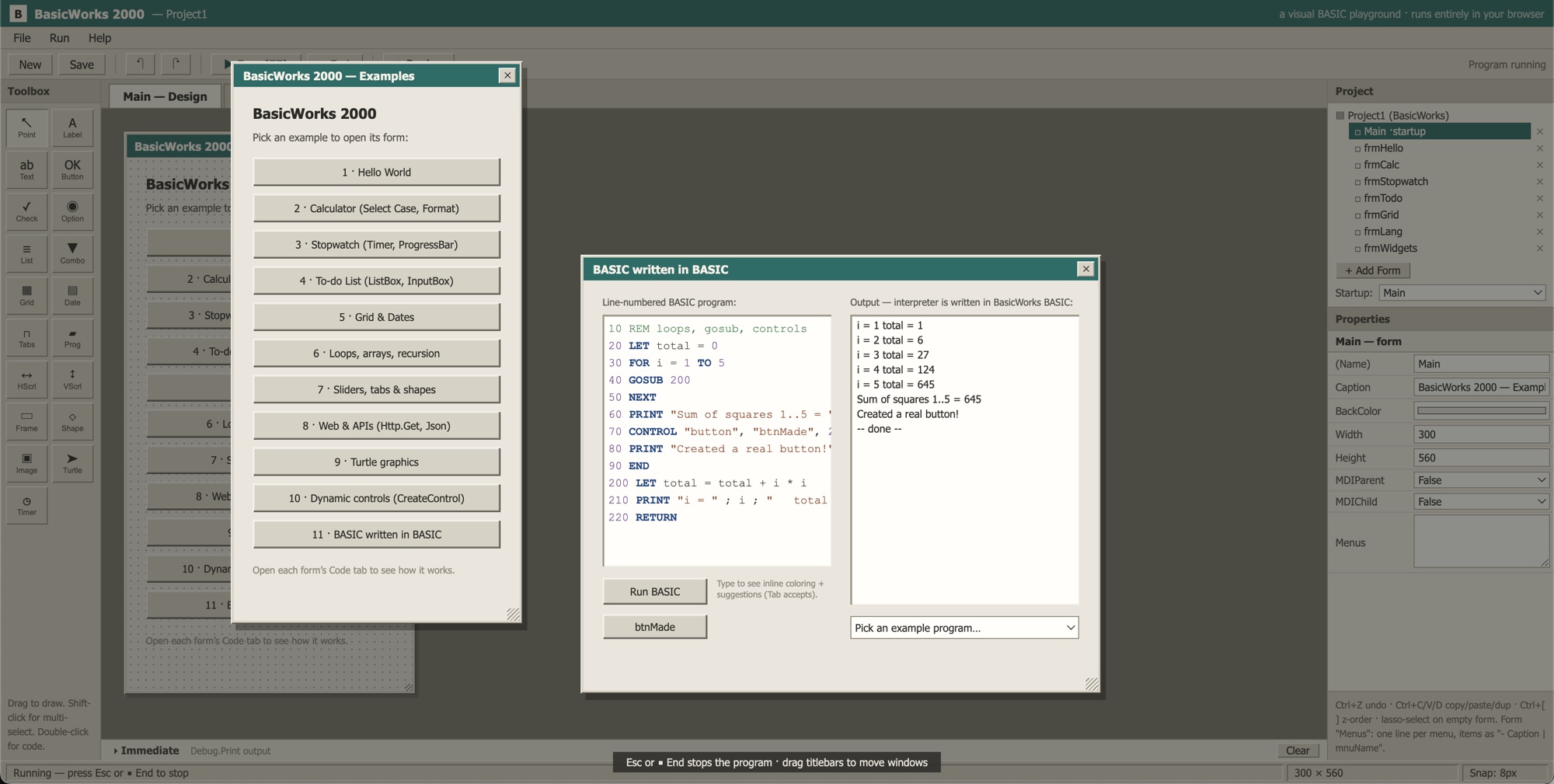 BasicWorks 2000 — the examples gallery, and a BASIC interpreter written in BASIC, running inside the app