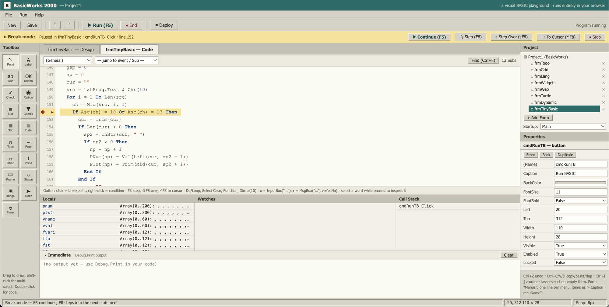 The full debugger — break mode, a breakpoint, step controls, Locals and the call stack — paused inside the interpreter