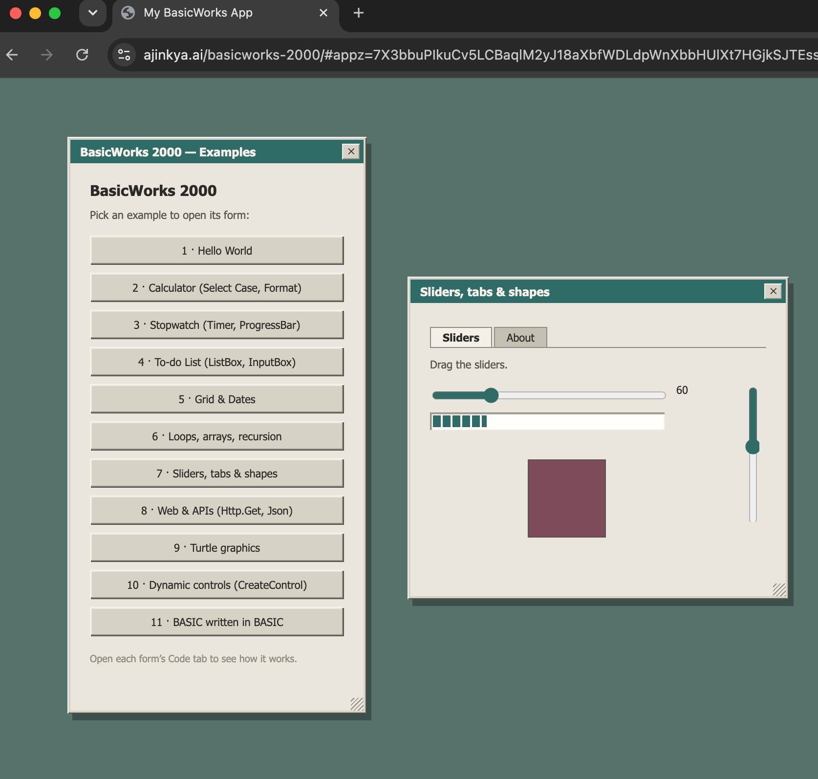 A BasicWorks app deployed to its own URL — sliders, tabs and shapes, running standalone