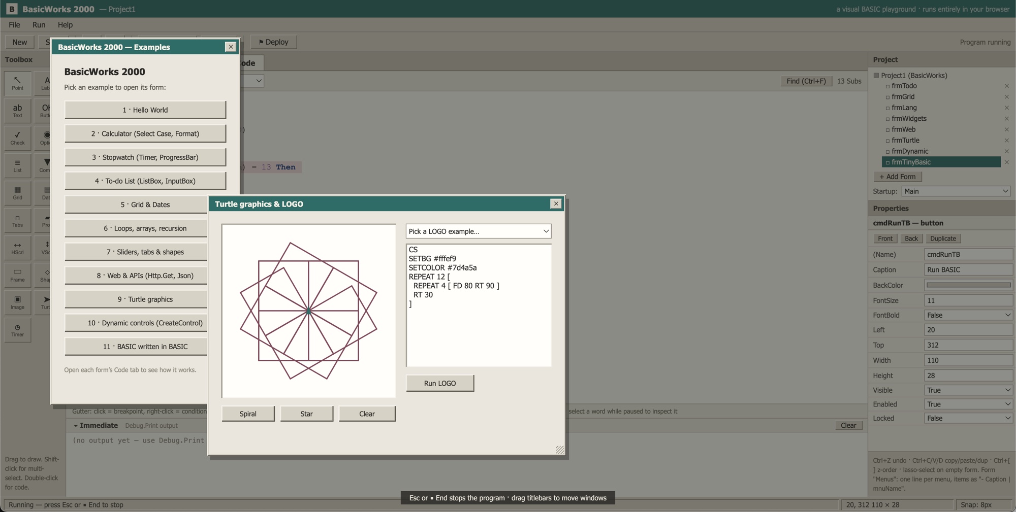 Turtle graphics and LOGO, drawing in the browser