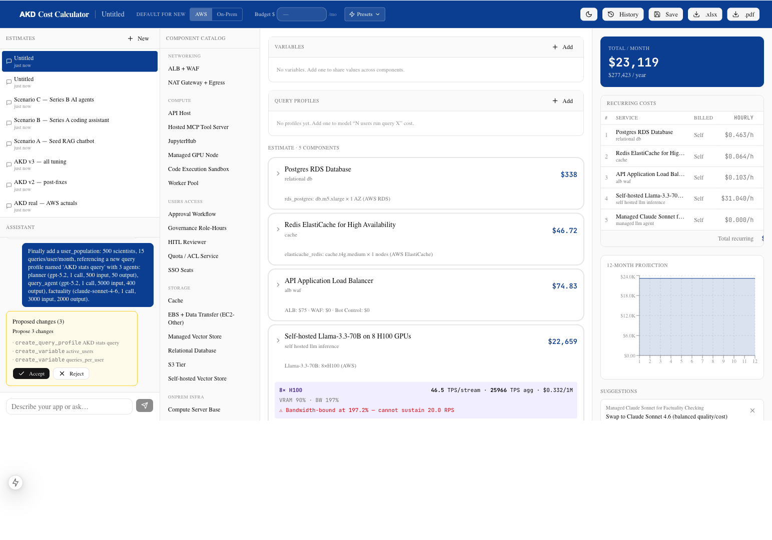 Earliest version — a chat-driven AKD cost calculator