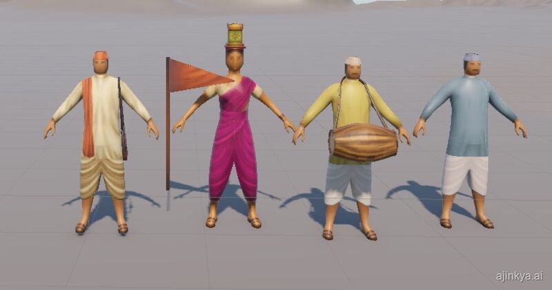 3D villagers — priest, water-carrier, dholak player
